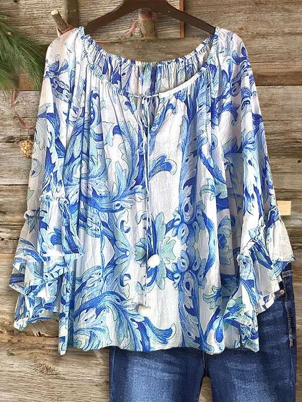 Art Floral Print Ruffle Sleeve Blouse