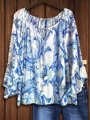 Art Floral Print Ruffle Sleeve Blouse