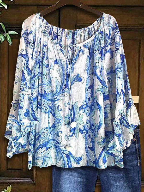 Art Floral Print Ruffle Sleeve Blouse