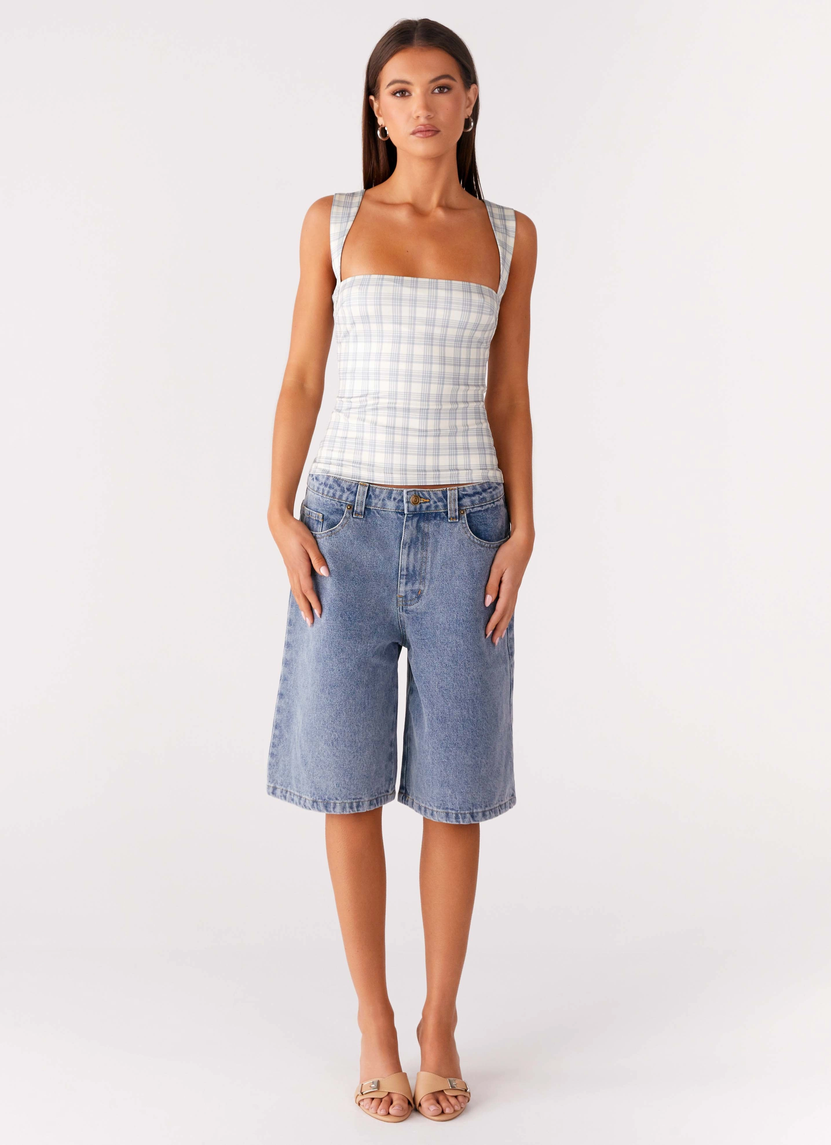 No Drama Strap Top - Grey Check Gym Wear Fashionable Style