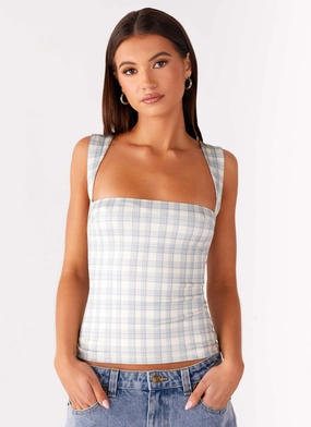 Articulated Elbow Panel No Drama Strap Top - Grey Check Tear Resistant Weave No Drama Strap Top - Grey Check