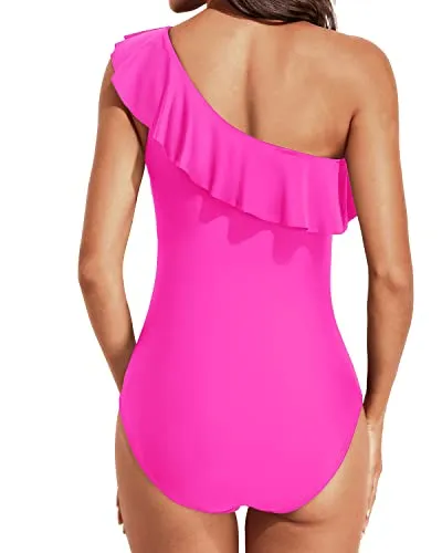 Asymmetrical Neckline Ruffle One Shoulder Swimwear-Neon Pink