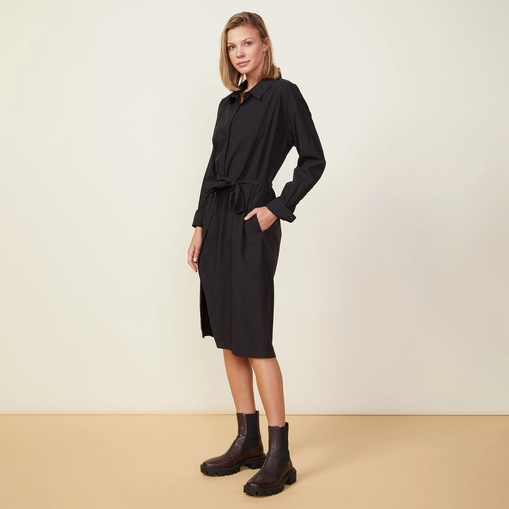 Asymmetrical Poplin Tie Shirt Dress SelfFabric Binding