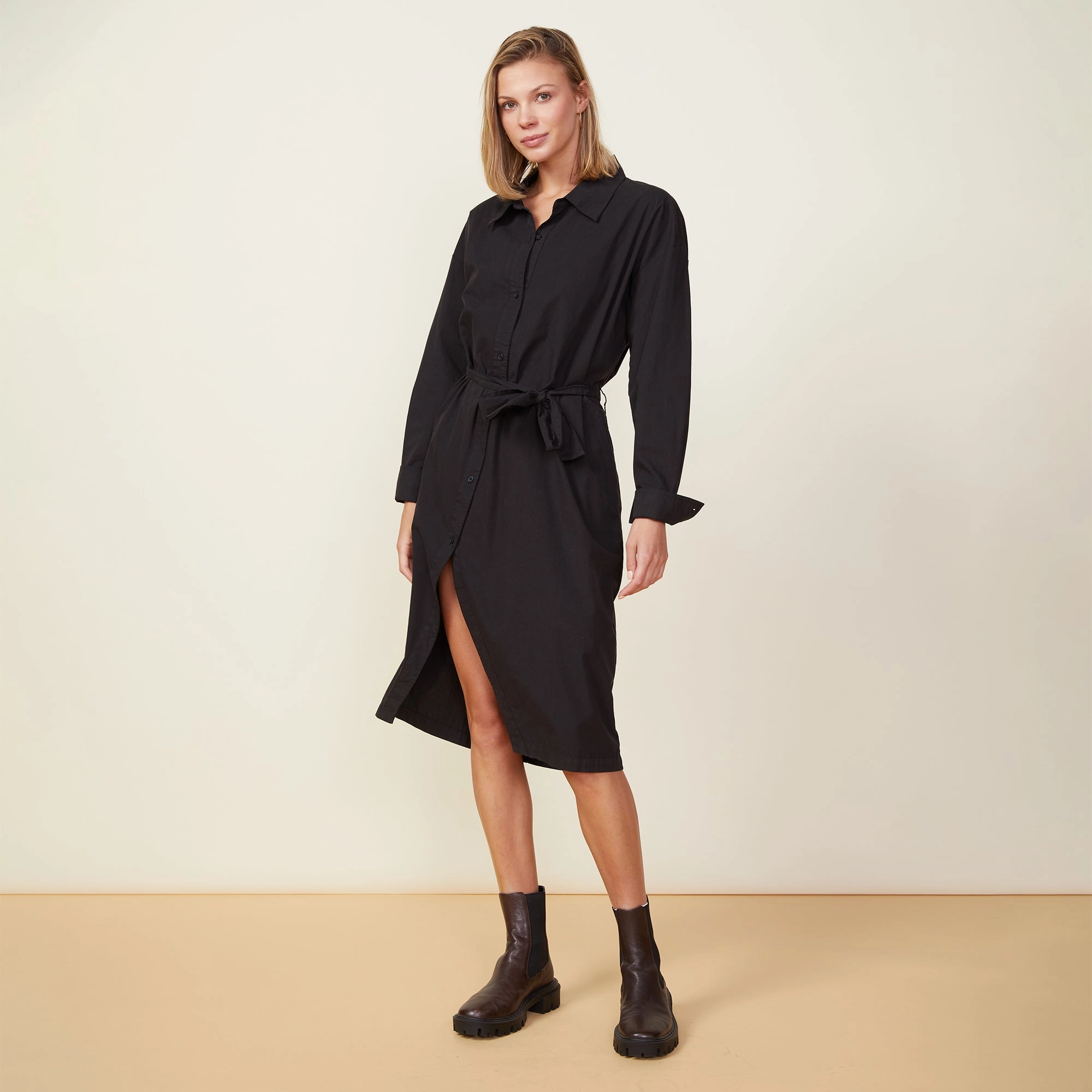 Asymmetrical Poplin Tie Shirt Dress Ribbed Trims Active Design