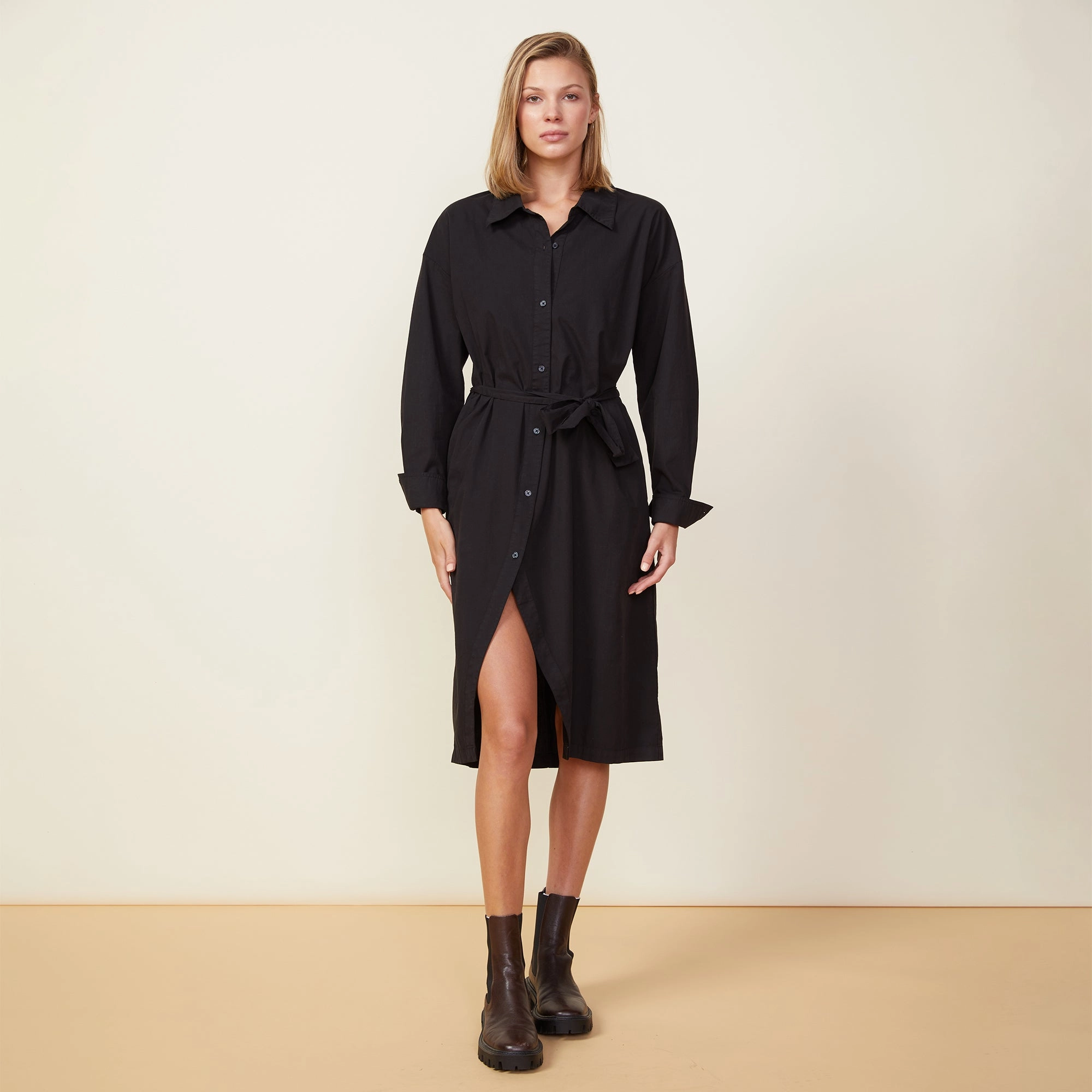 High Density Weave Asymmetrical Poplin Tie Shirt Dress