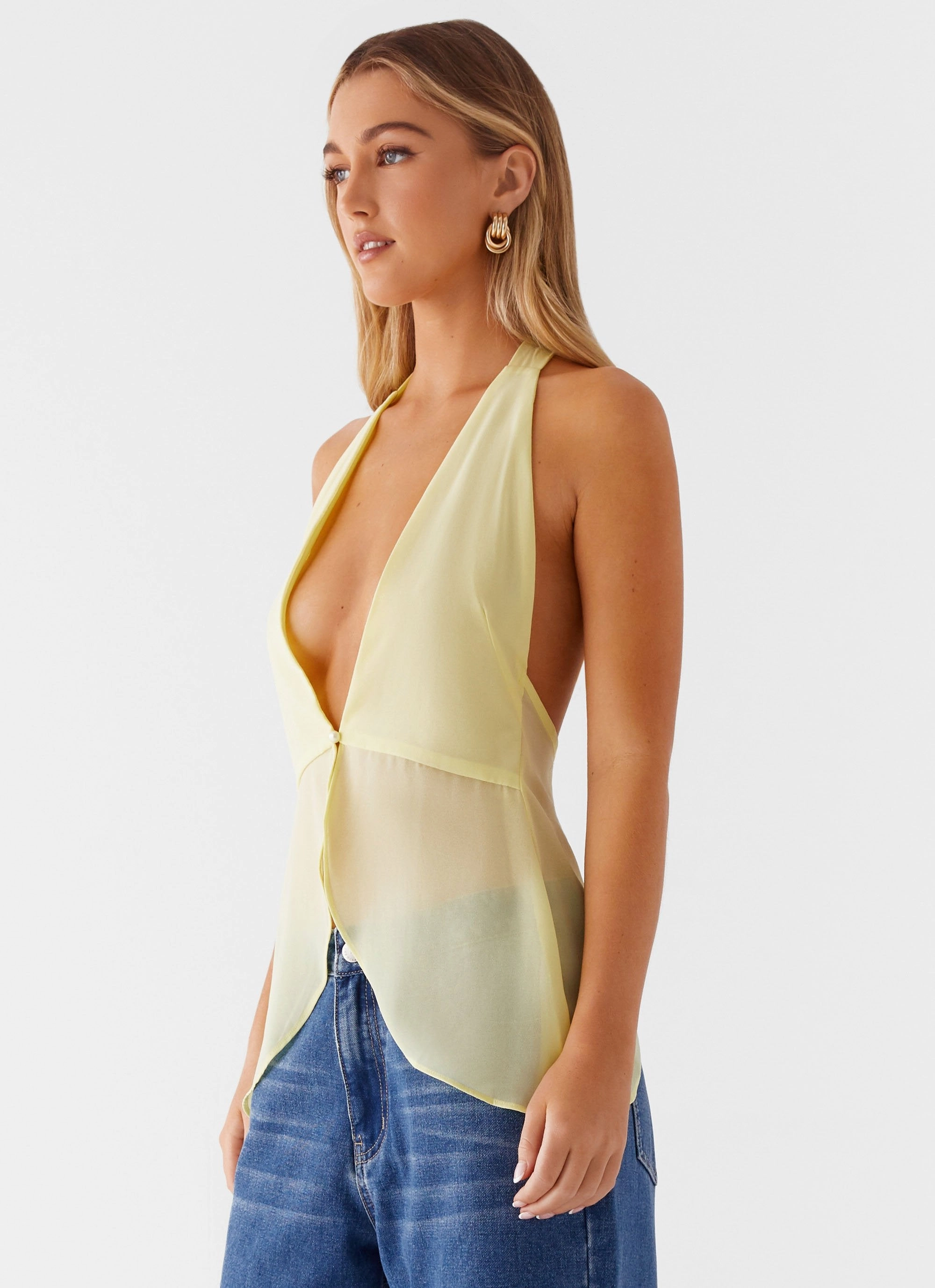 Stretchable Waistband Airy Mesh Lining At Last Halterneck Top - Yellow