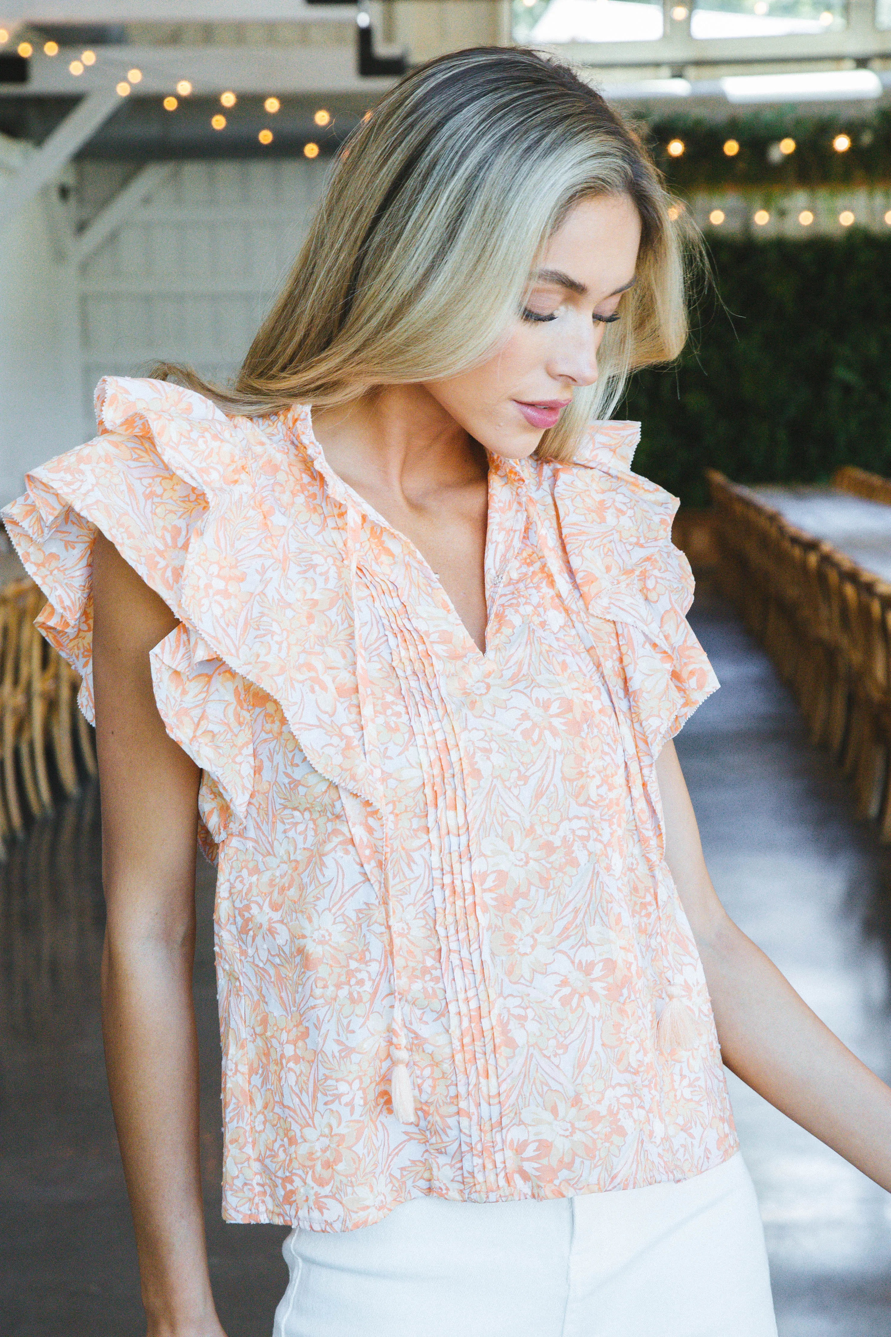 Athena Tie Neck Top, Blue Orange