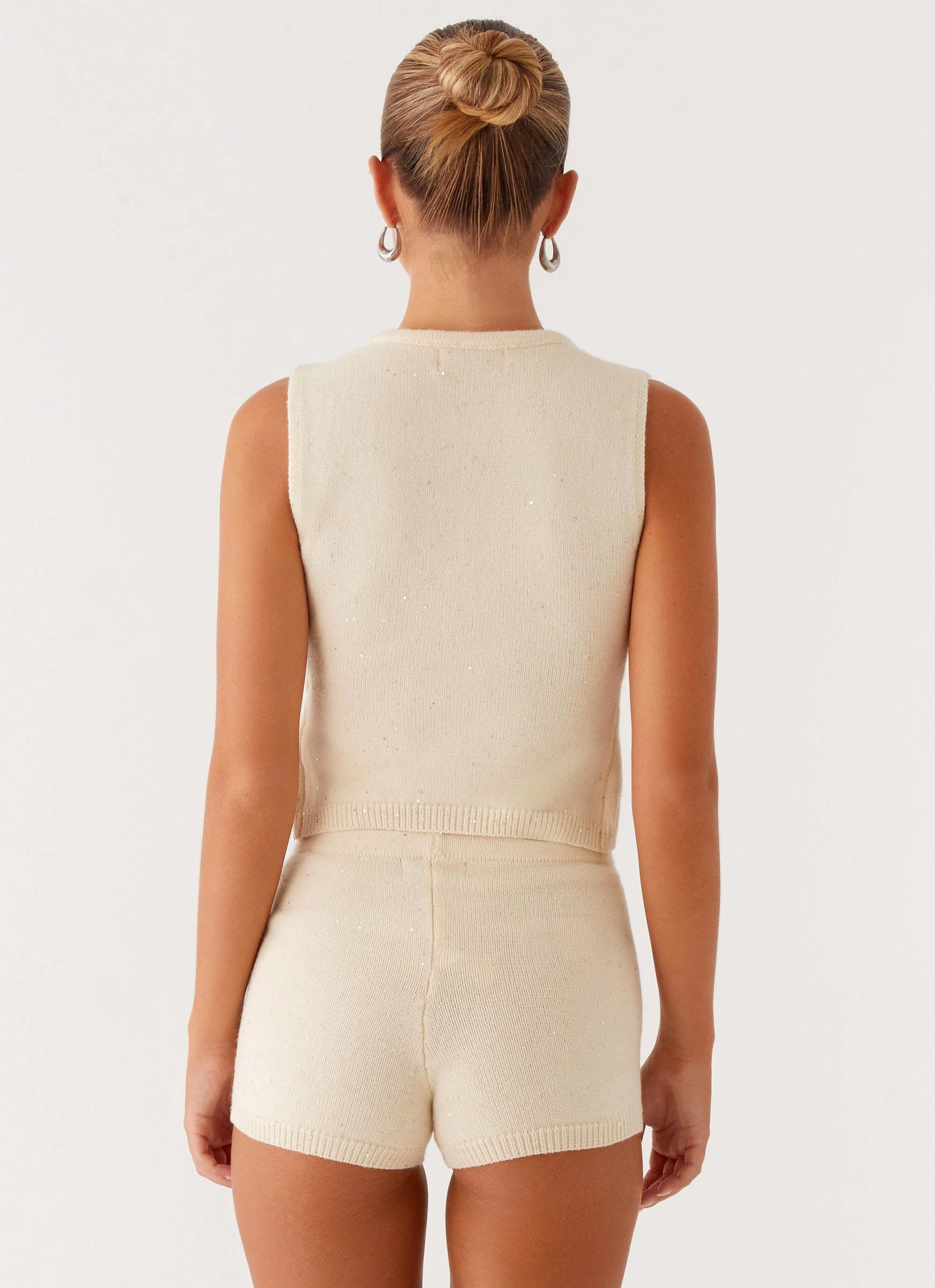 Stretch Material Warm Layer Ownley Sequin Knit Top - Ivory