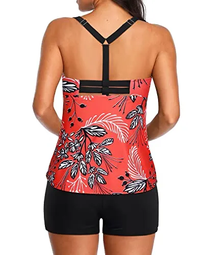 Athletic Tankini Swimsuits For Women With Removable Padded Cups-Red Floral
