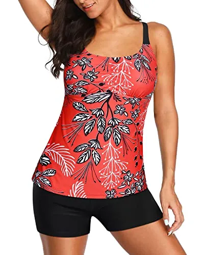 Athletic Tankini Swimsuits For Women With Removable Padded Cups-Red Floral
