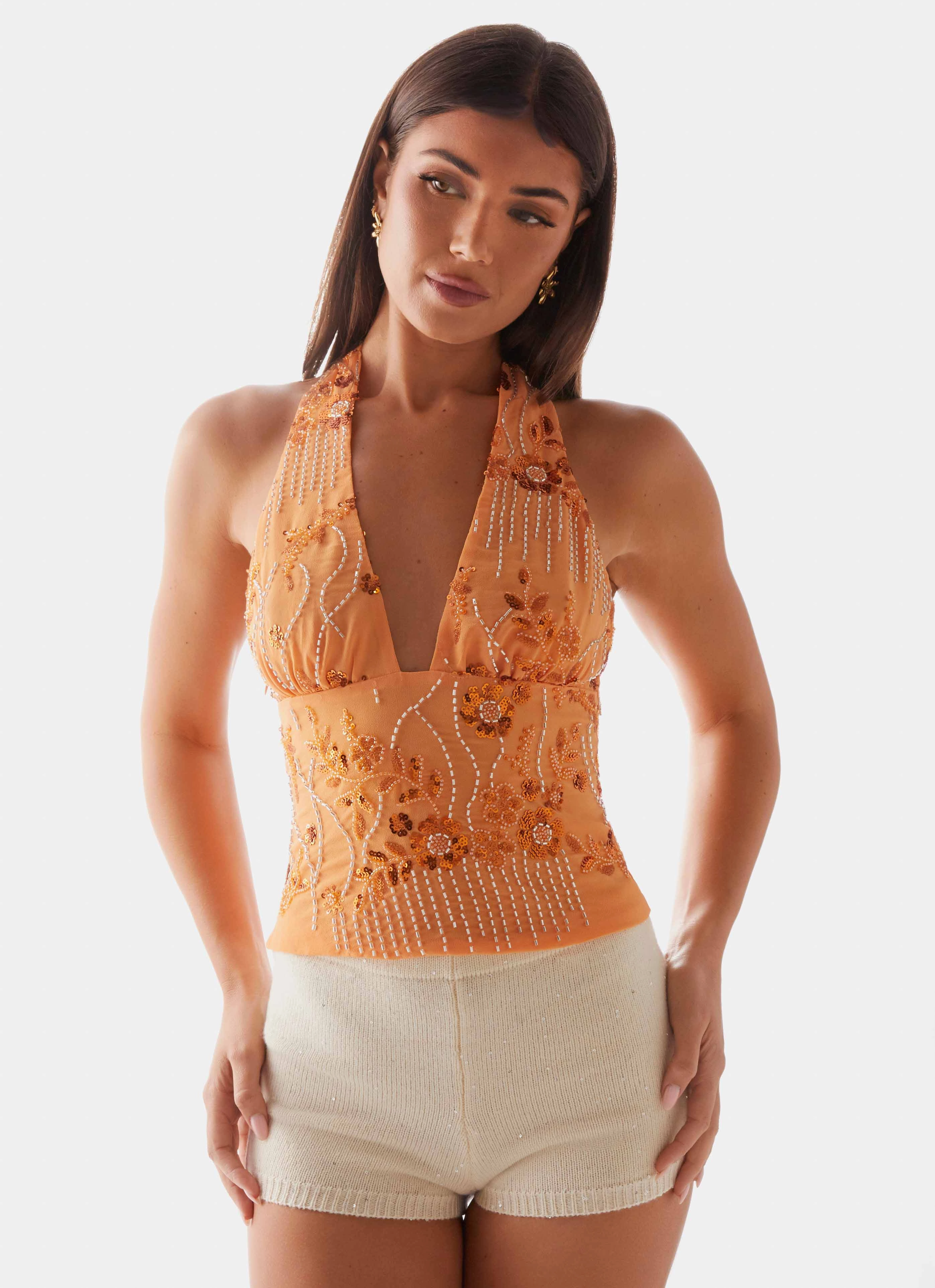 Adjustable Hem Toggles Recycled Polyester Atlanta Sequin Halter Top - Orange