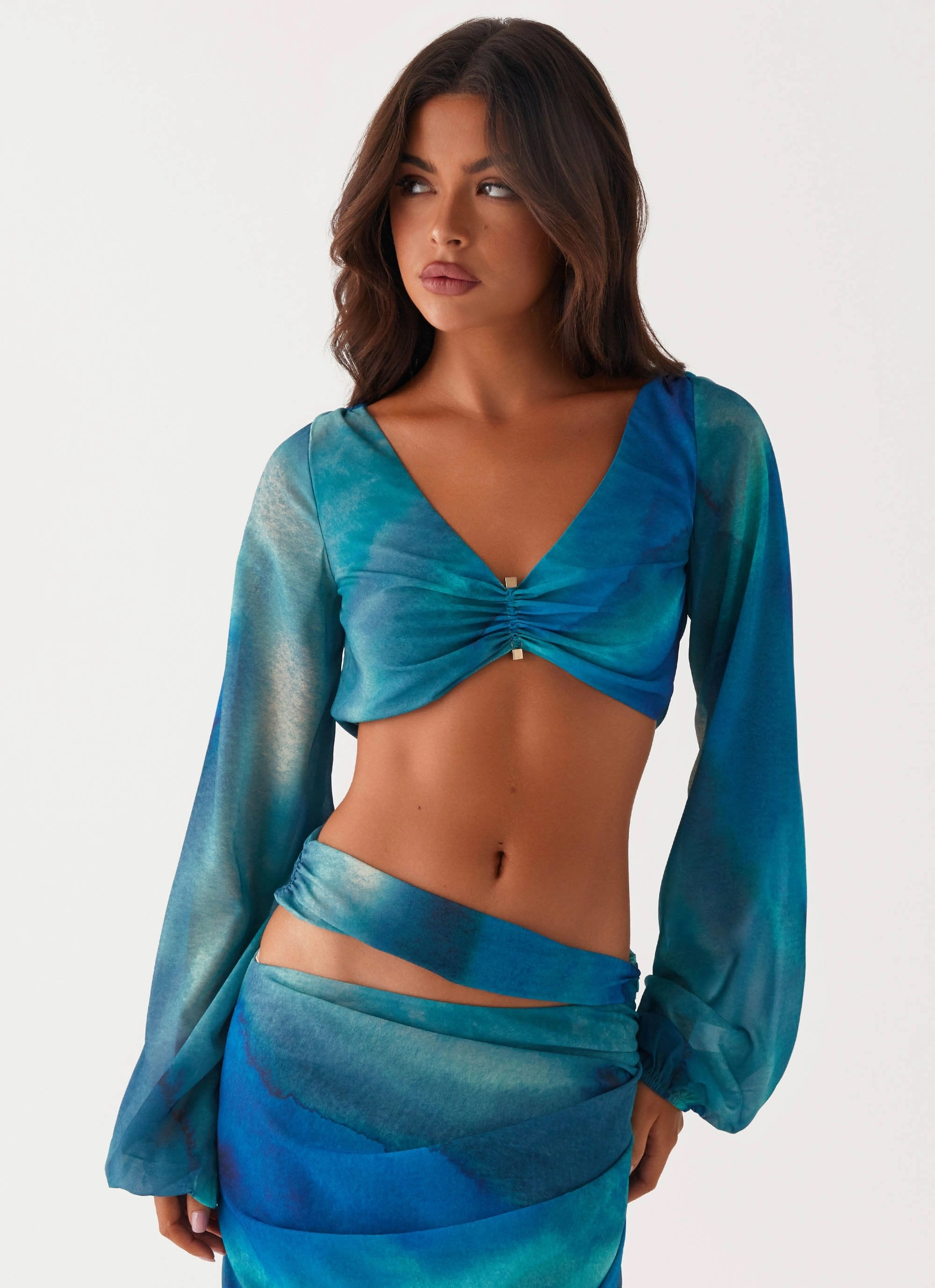 Austin Long Sleeve Top - Blue Tie Dye Flexible Knit Fabric Sporty Hoodie