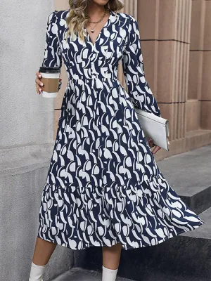 Autumn Elegant Art Print Long Sleeve Smocked Waist Midi Dress