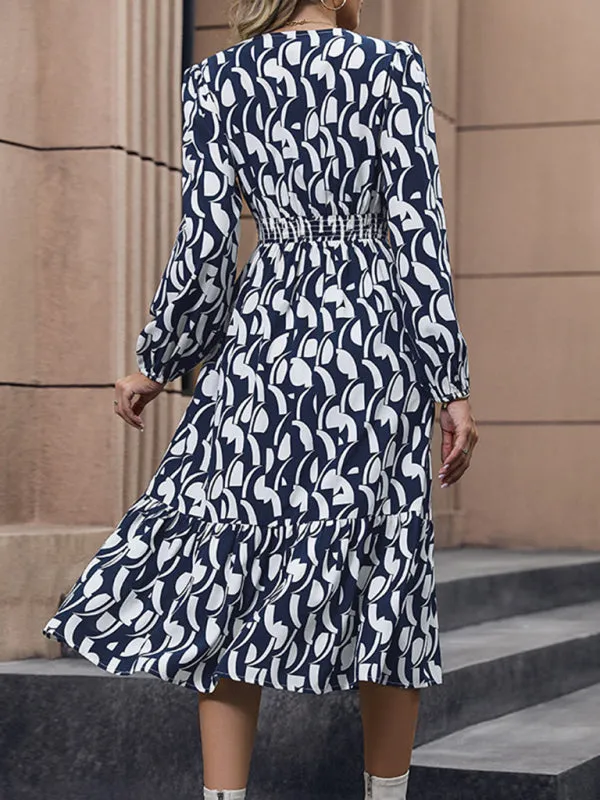 Autumn Elegant Art Print Long Sleeve Smocked Waist Midi Dress