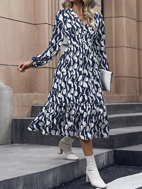 Autumn Elegant Art Print Long Sleeve Smocked Waist Midi Dress