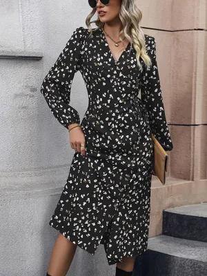 Autumn Print Puff Sleeve Wrap Midi Dress