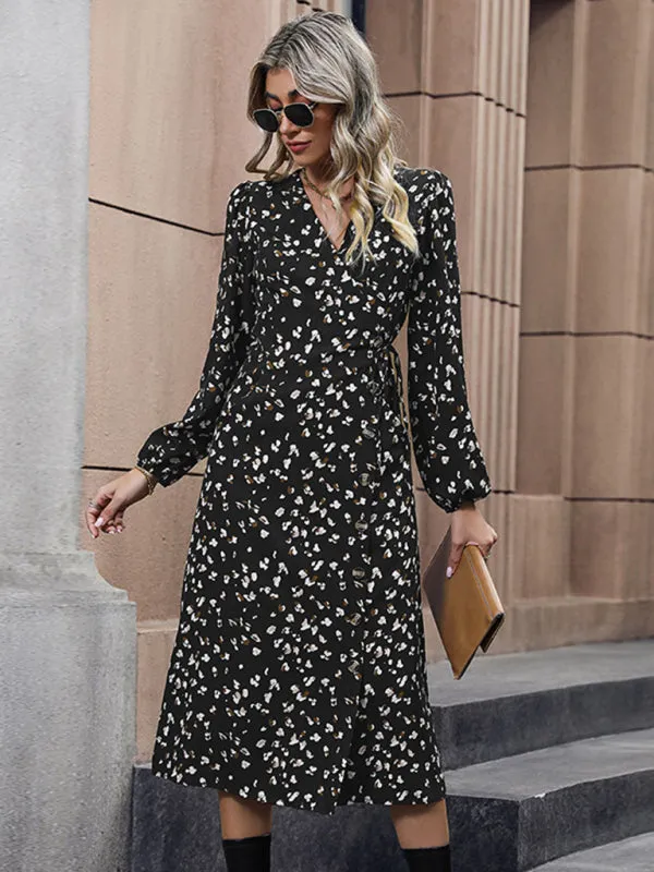 Autumn Print Puff Sleeve Wrap Midi Dress