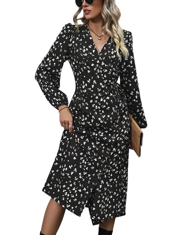 Autumn Print Puff Sleeve Wrap Midi Dress