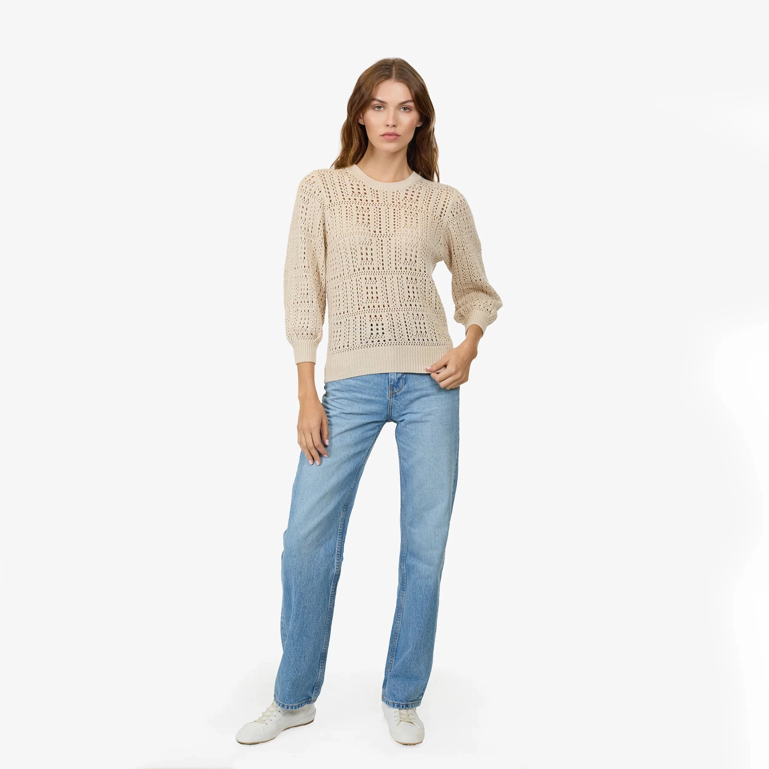 Autumn Cashmere Puff Sleeve Tile Stitch Sweater Stylish Layers