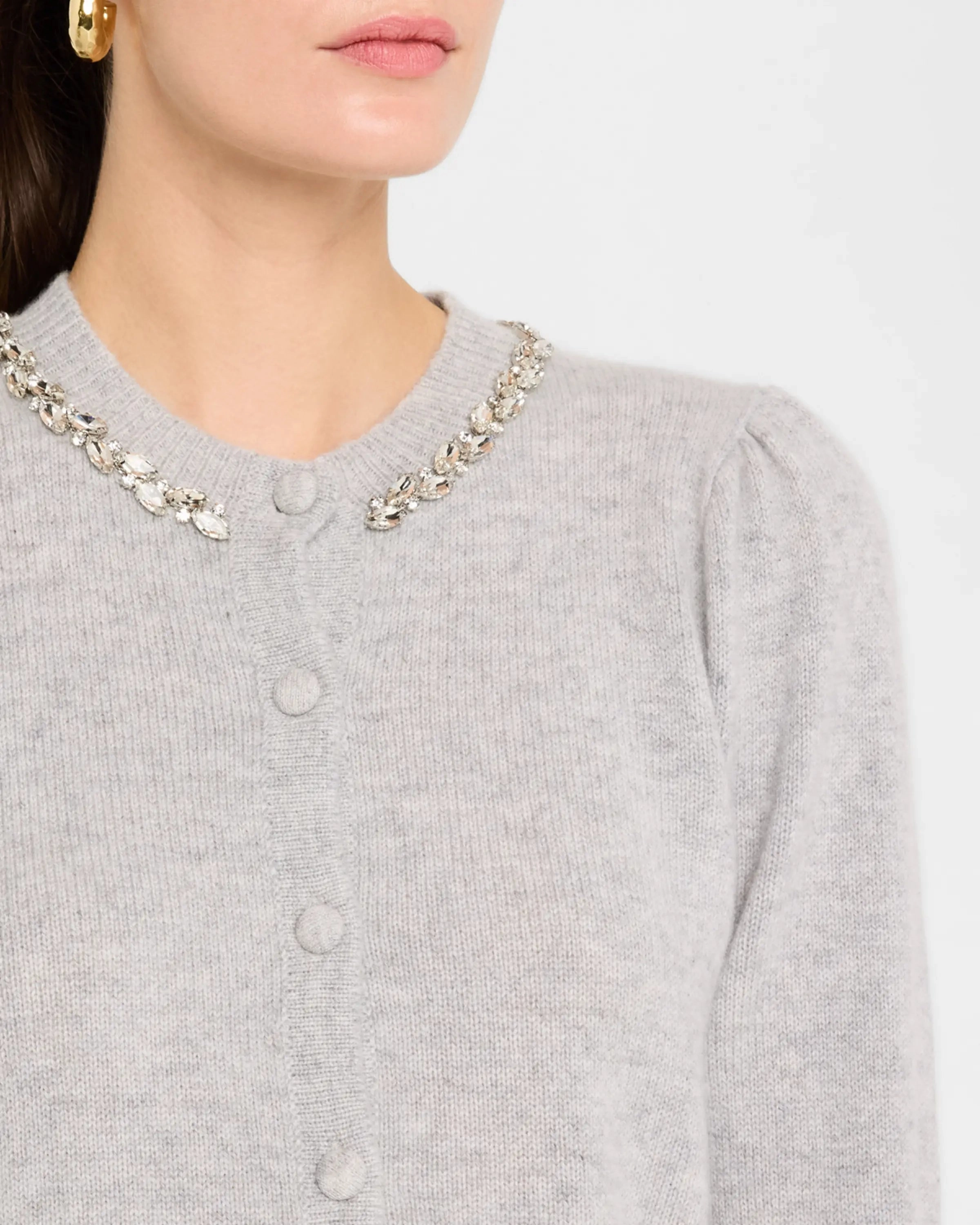 Autumn Cashmere Rhinestone Trimmed Puff Sleeve Cardigan Light Knitwear Knit Apparel