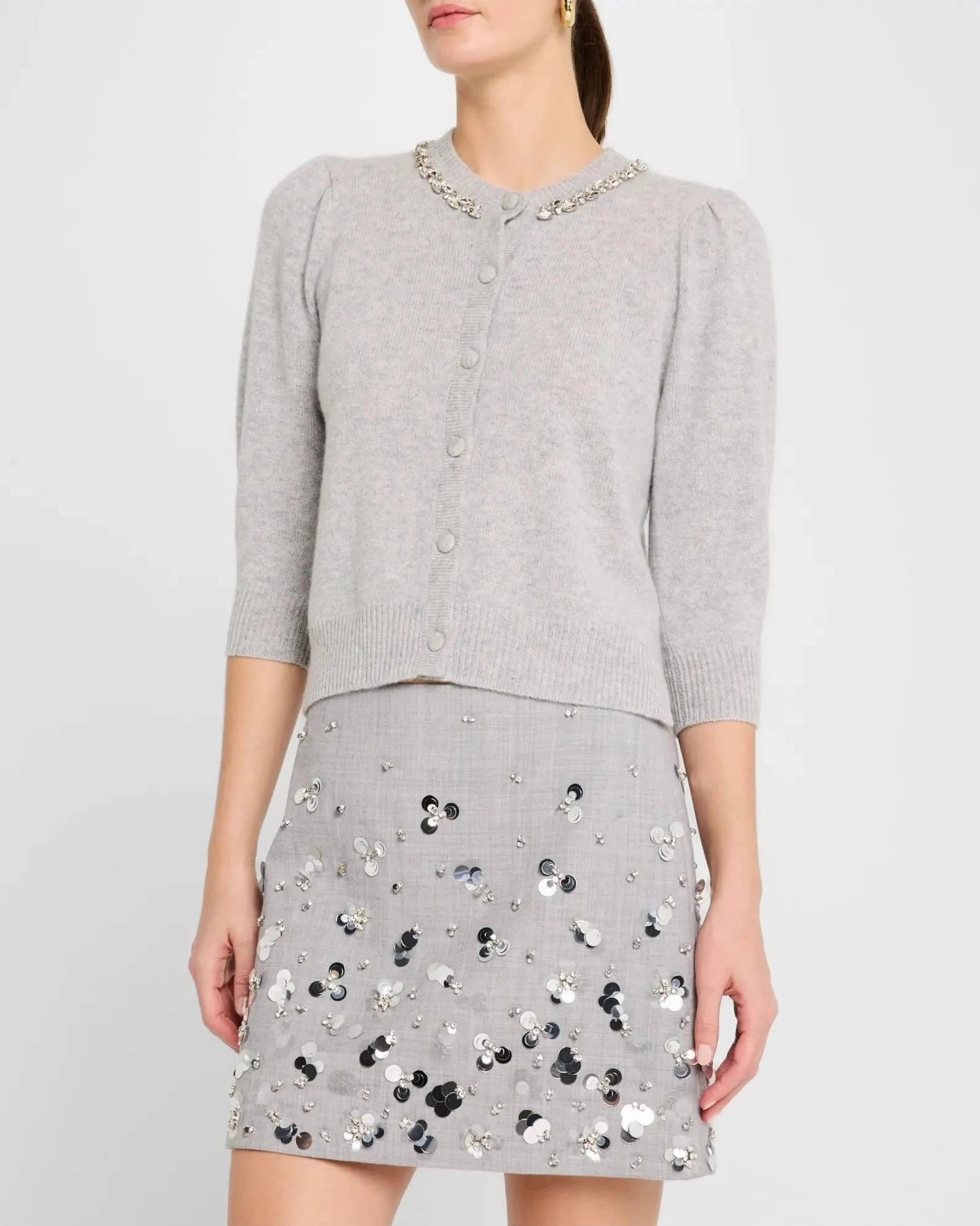 Autumn Cashmere Rhinestone Trimmed Puff Sleeve Cardigan Slim Design Fit Casual Vibe