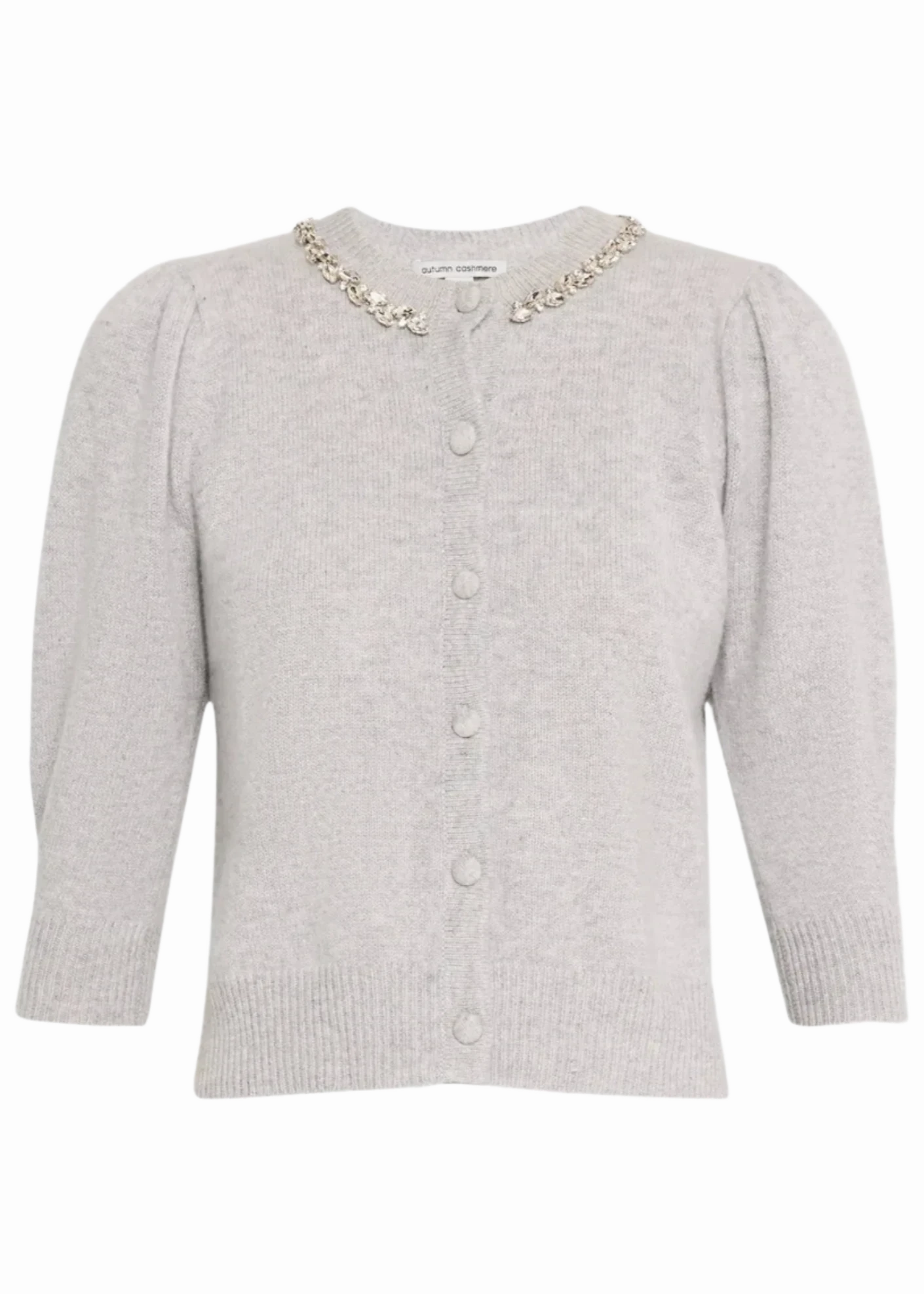 Long Lasting Elasticity Autumn Cashmere Rhinestone Trimmed Puff Sleeve Cardigan