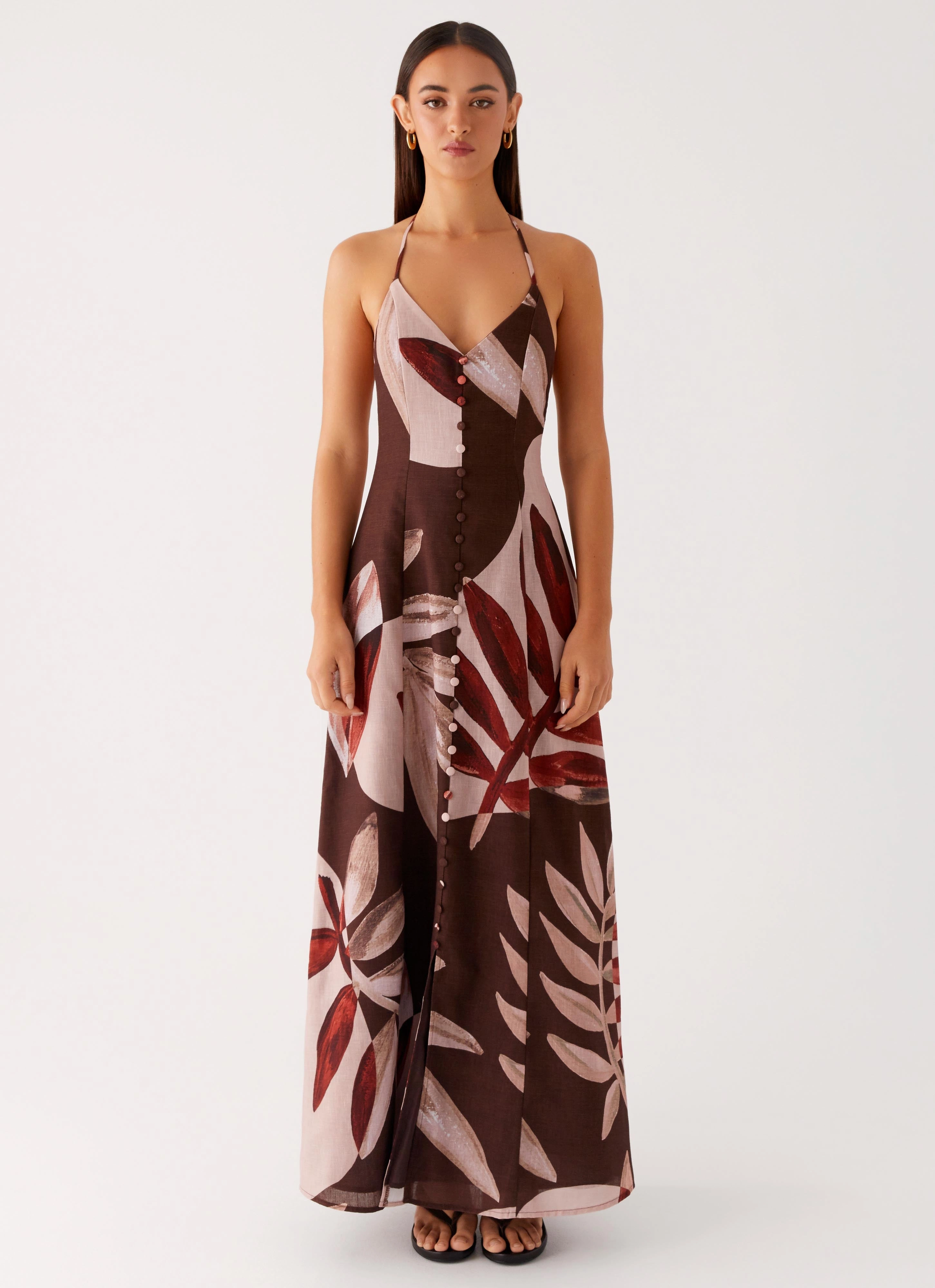 Evening Ready Autumn Linen Maxi Dress - Cinnamon Palm