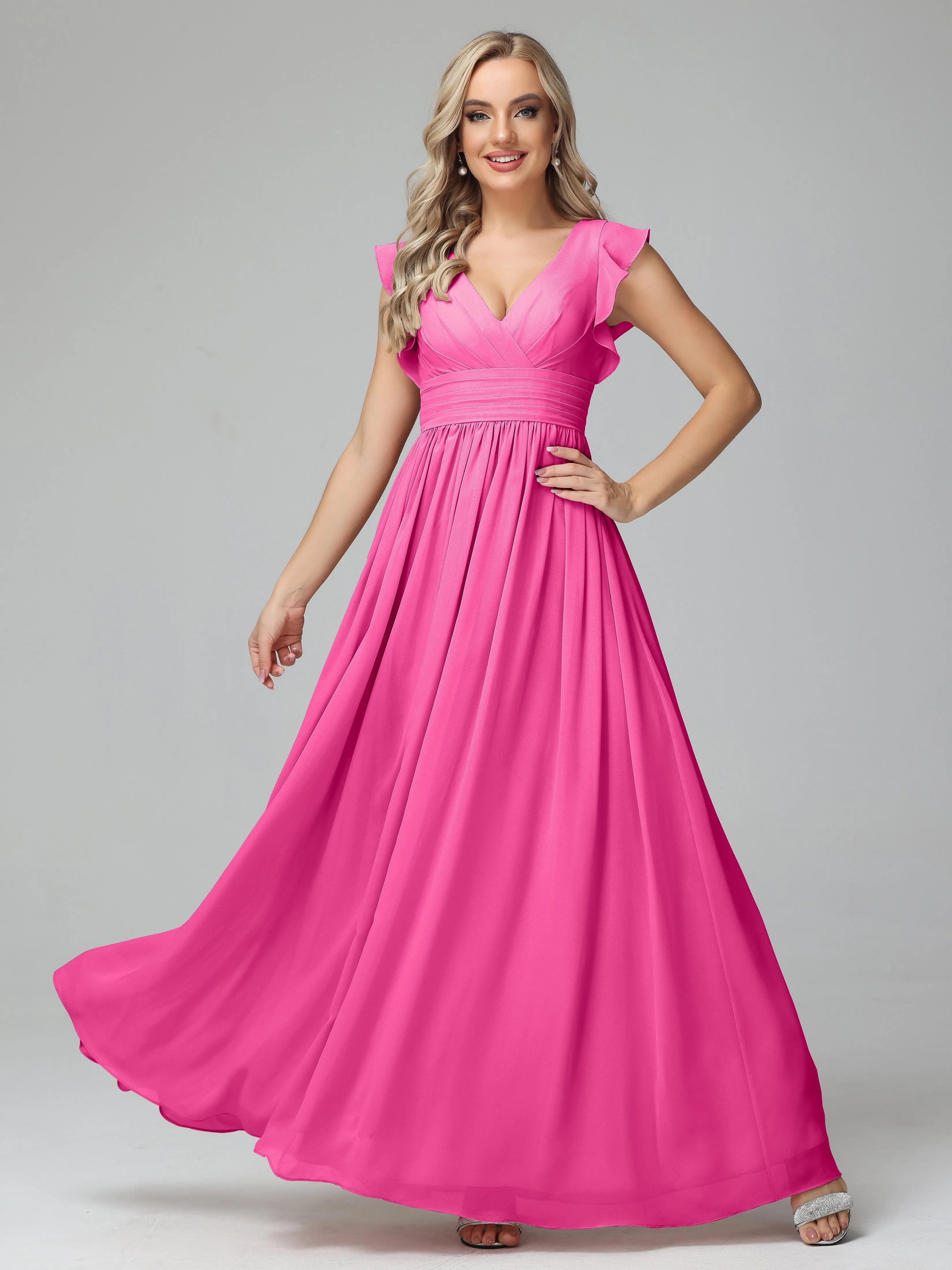 Azalea Bridesmaid Dress Bonnie V-Neck Chiffon Bridesmaid Dresses With Ruffle Sleeves