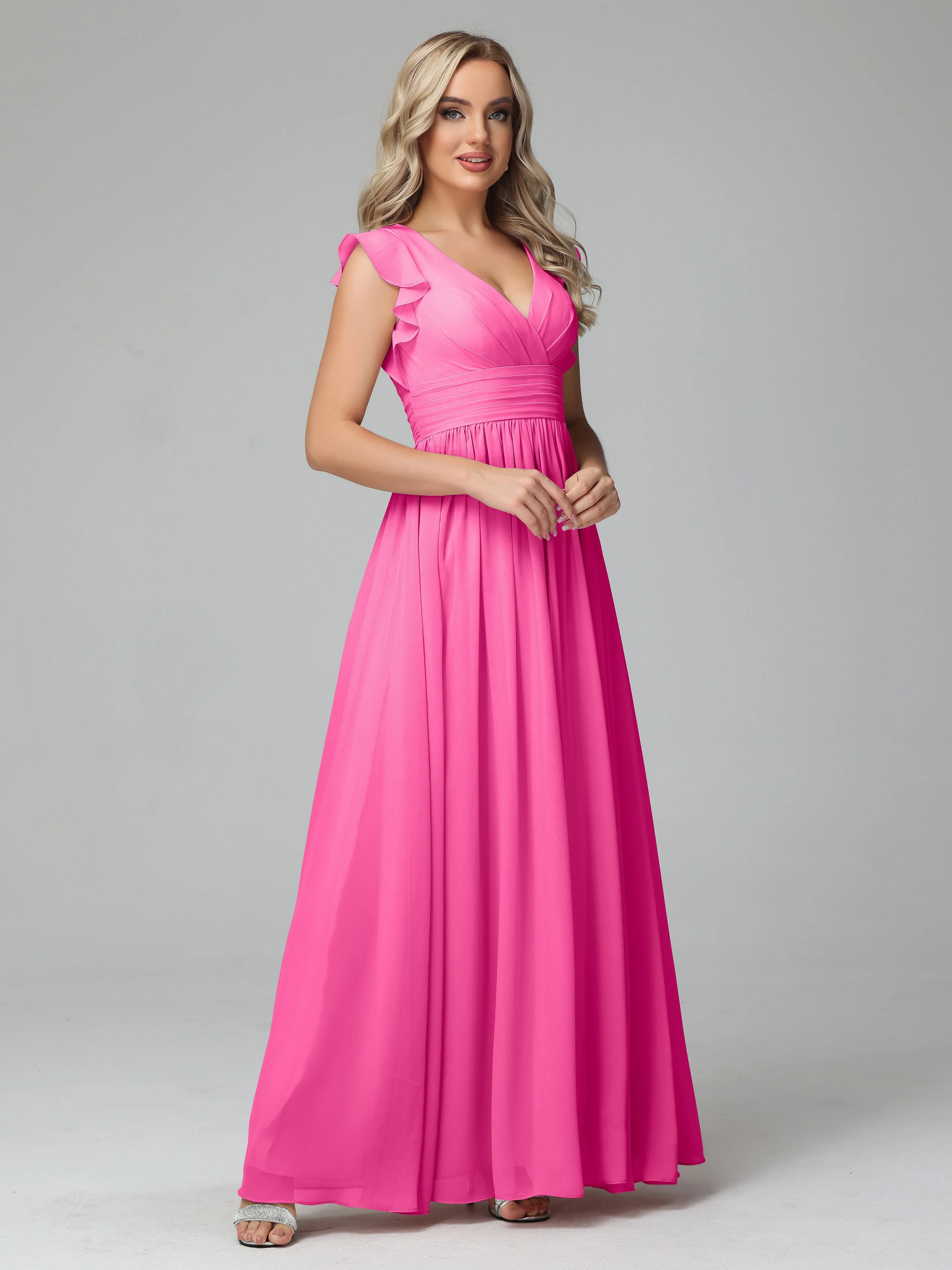 Azalea Bridesmaid Dress Bonnie V-Neck Chiffon Bridesmaid Dresses With Ruffle Sleeves