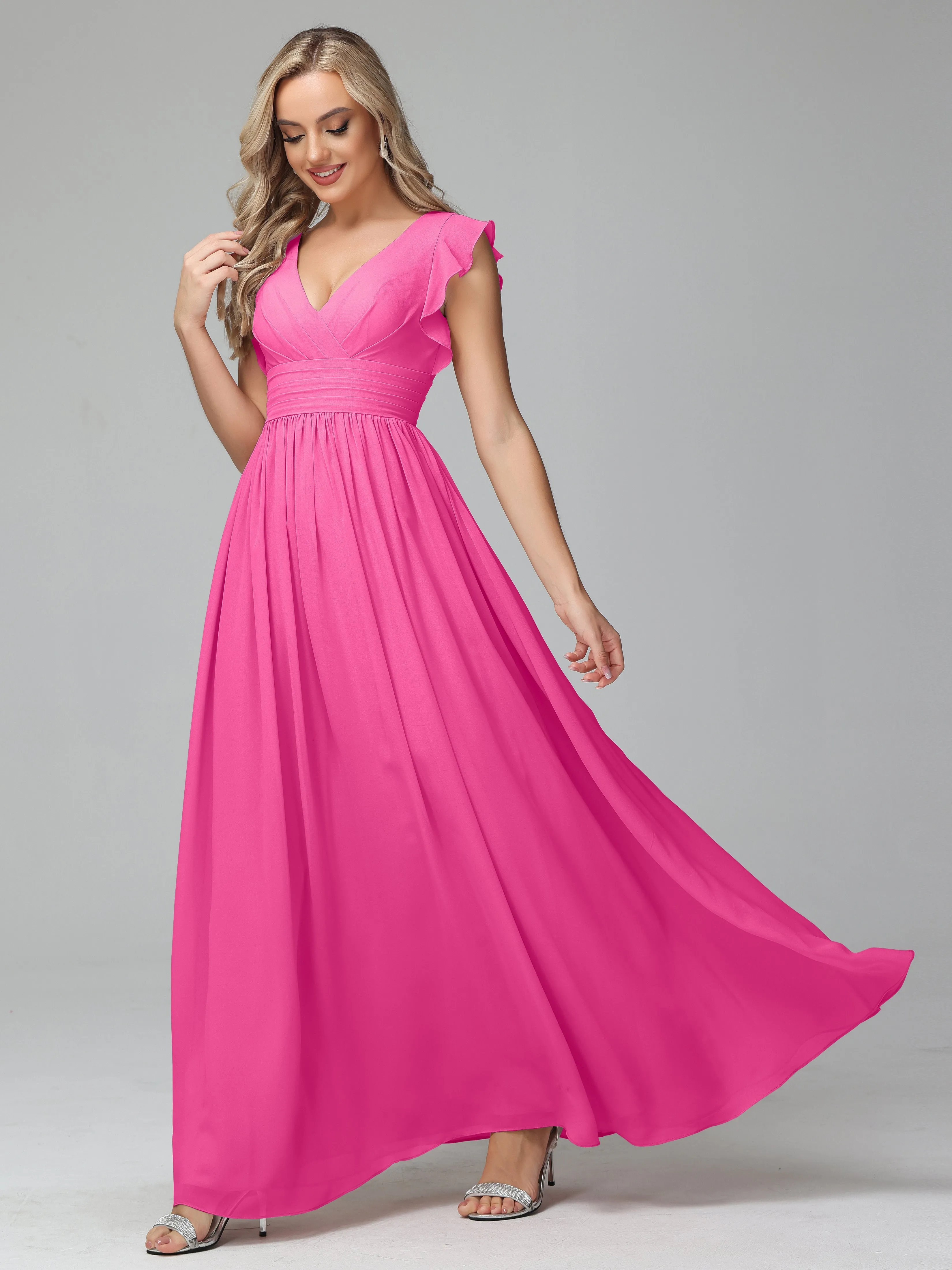 Azalea Bridesmaid Dress Bonnie V-Neck Chiffon Bridesmaid Dresses With Ruffle Sleeves