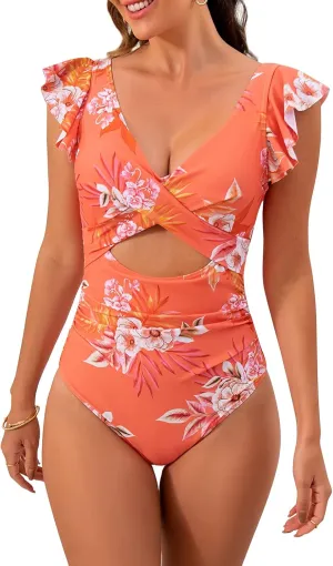 B2prity Women's One Piece Swimsuit Ruffle Cutout Bathing Suits Slimming Tummy Control V Neck Wrap Swimwear