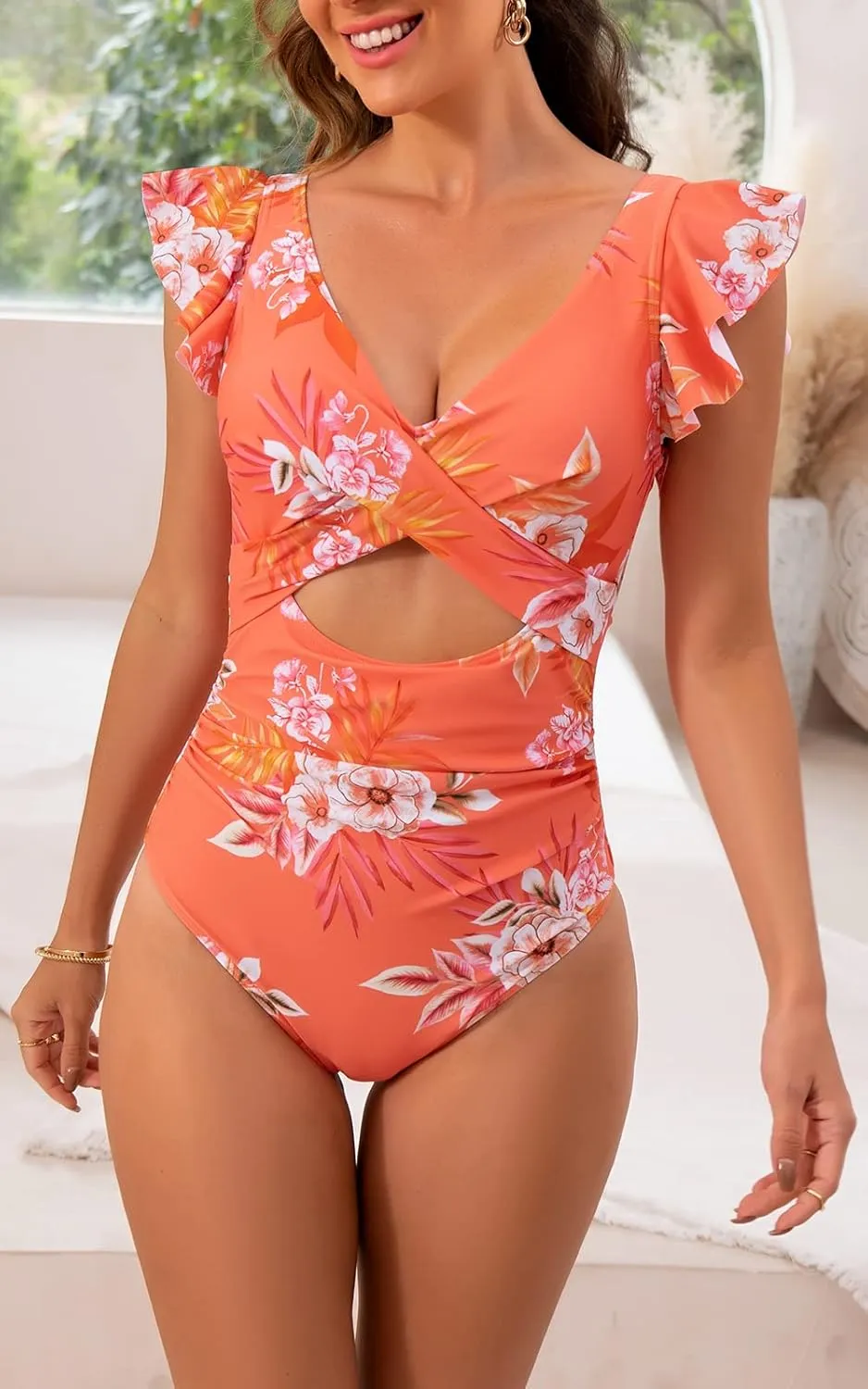B2prity Women's One Piece Swimsuit Ruffle Cutout Bathing Suits Slimming Tummy Control V Neck Wrap Swimwear
