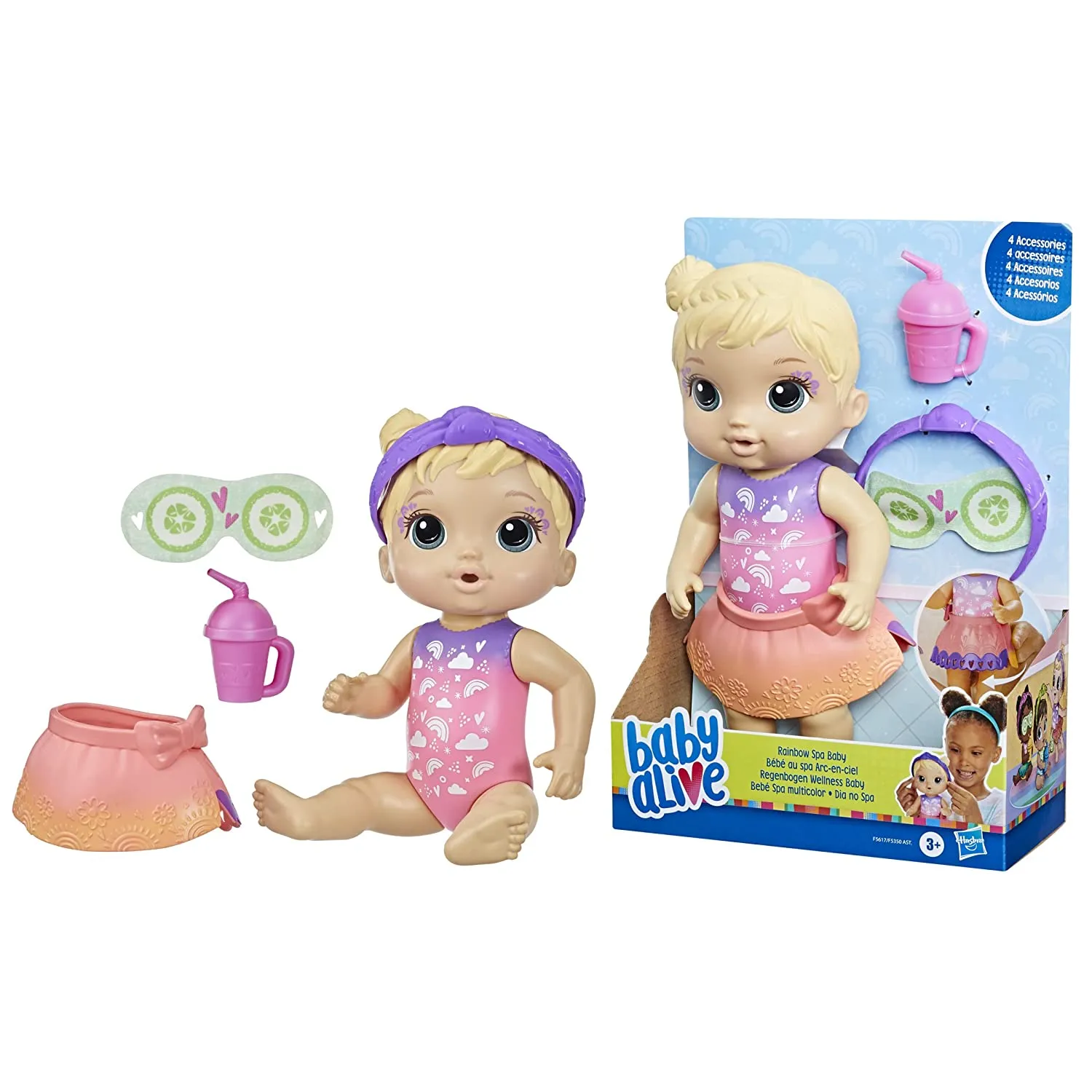 Baby Alive 9-Inch Rainbow Spa Blonde Hair Baby Doll with Eye Mask and Bottle for Kids Ages 3 and Up