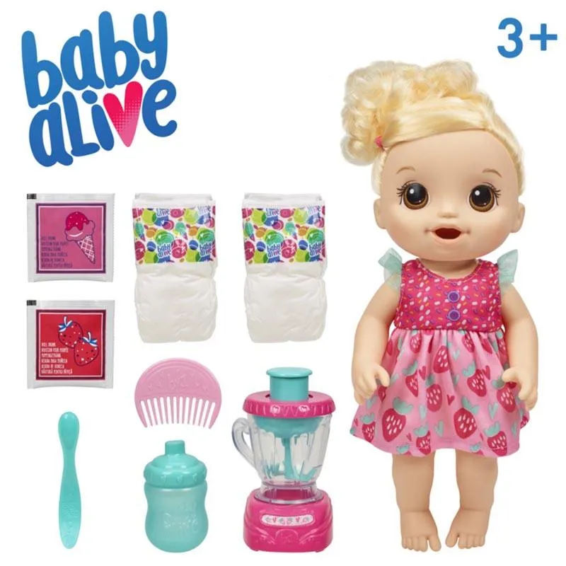 Baby Alive Magical Mixer Baby Doll Strawberry Shake with Blender Accessories, Drinks, Wets, Eats, Blonde Hair Toy for Kids Ages 3 and Up