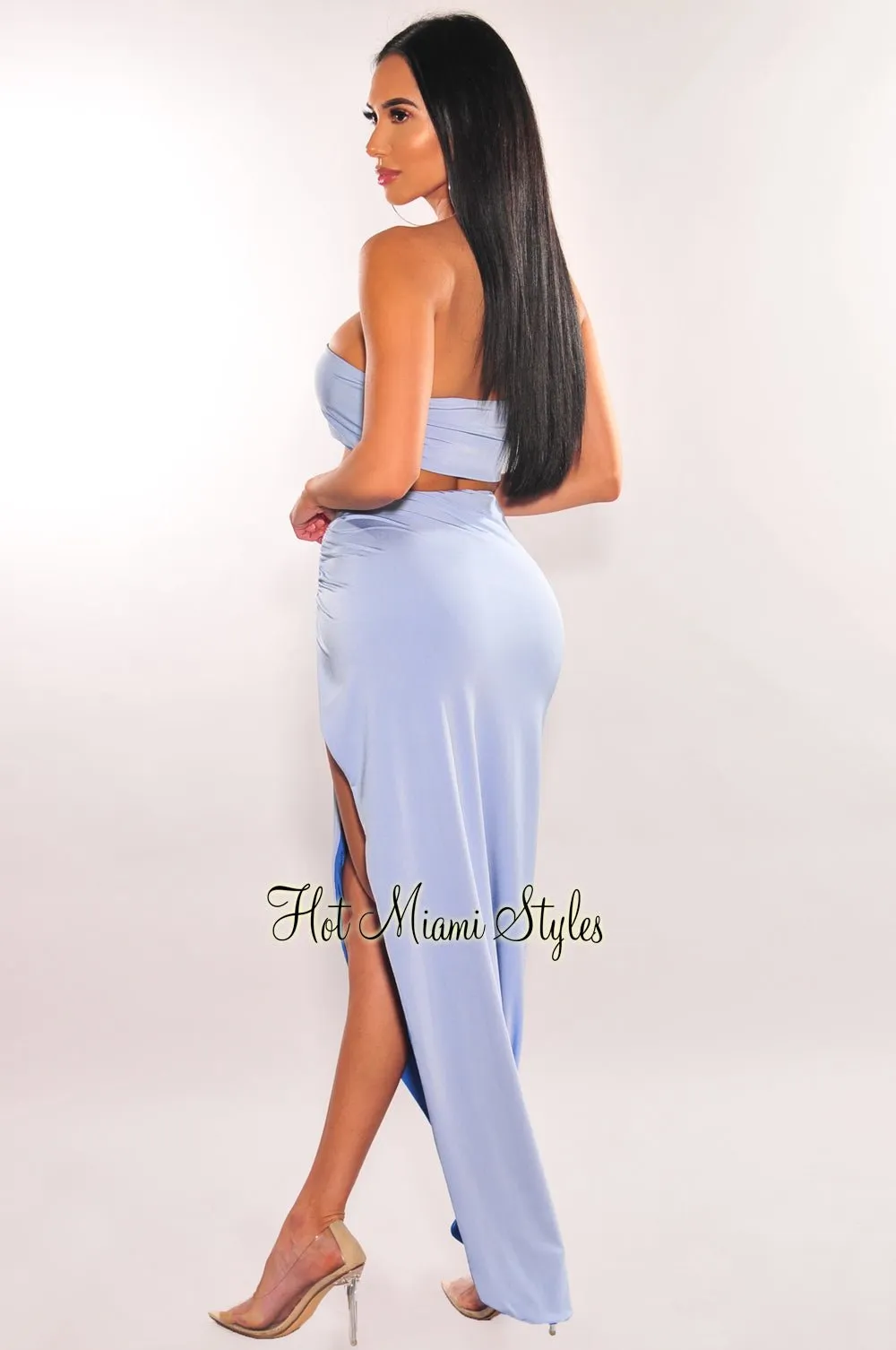 Baby Blue One Shoulder Knotted Slit Skirt Two Piece Set