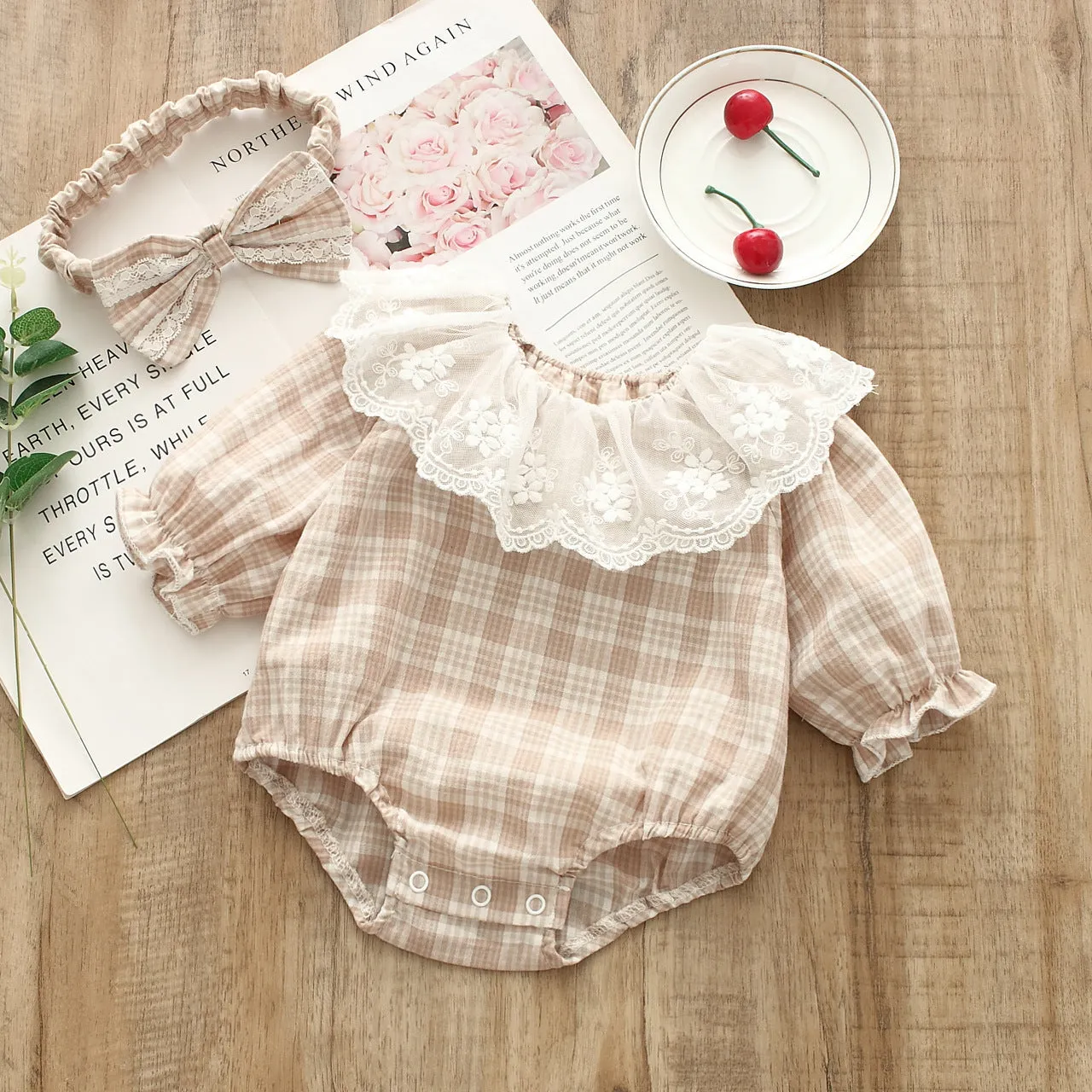 Baby Girls Checked Lace Rompers Wholesale 22051642