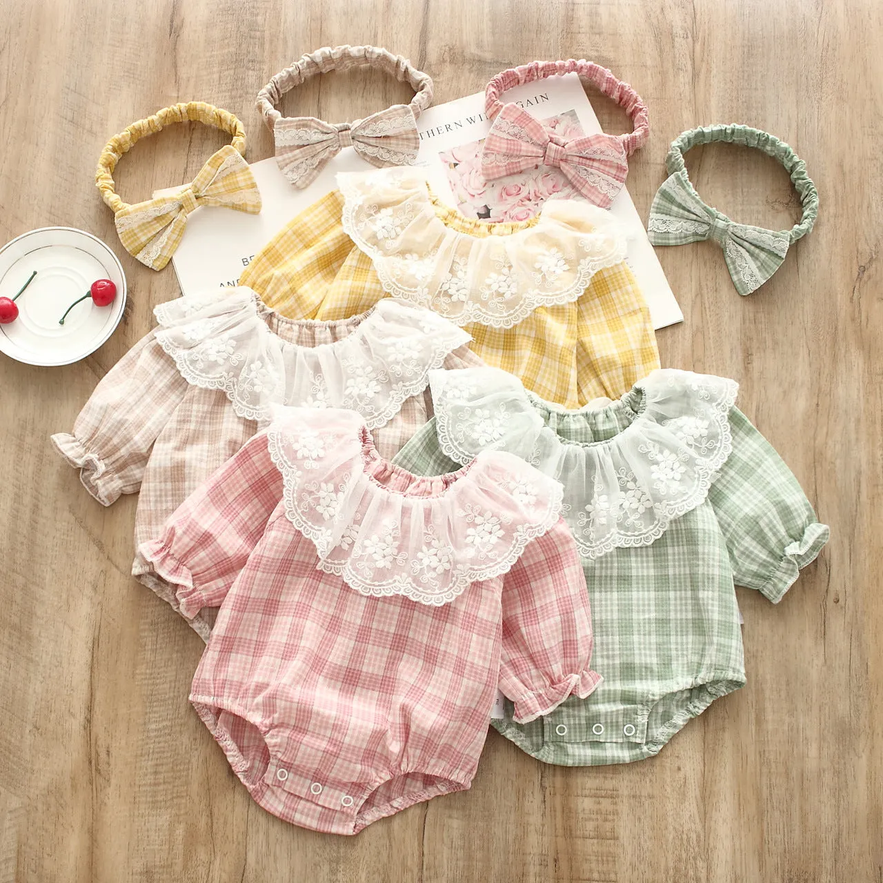 Baby Girls Checked Lace Rompers Wholesale 22051642