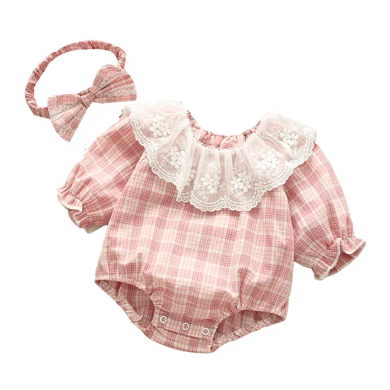 Baby Girls Checked Lace Rompers Wholesale 22051642