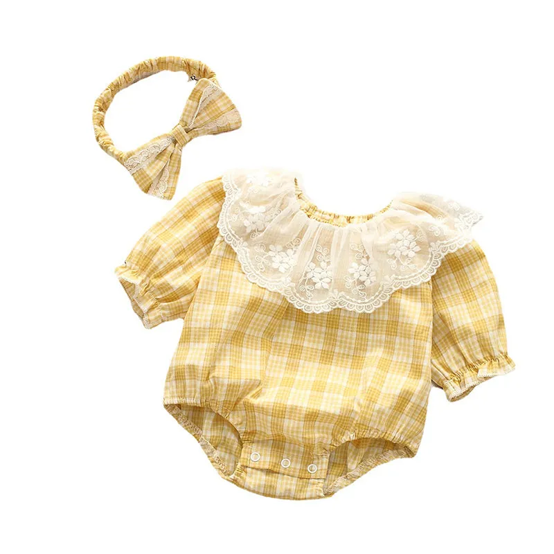 Baby Girls Checked Lace Rompers Wholesale 22051642