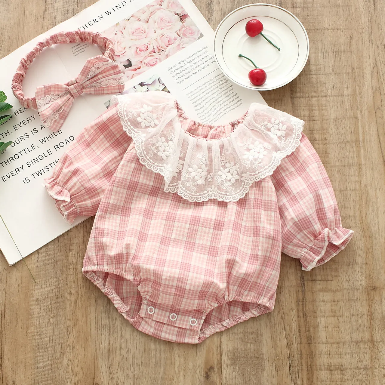 Baby Girls Checked Lace Rompers Wholesale 22051642