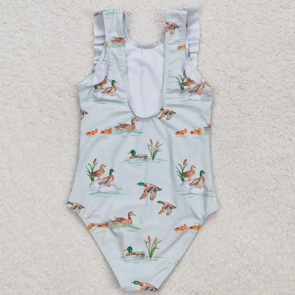Baby Girls Swimsuits Duck Print Cute Ruffle One Piece Swimsuits S0265