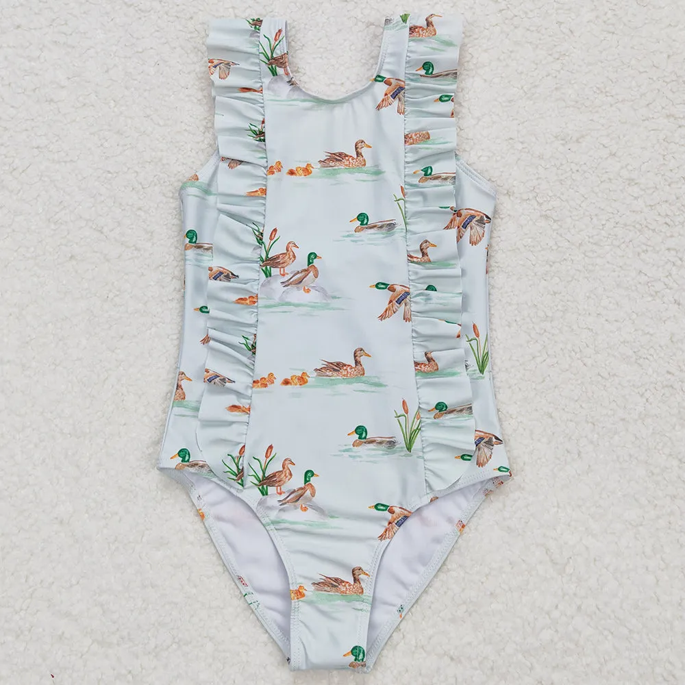 Baby Girls Swimsuits Duck Print Cute Ruffle One Piece Swimsuits S0265
