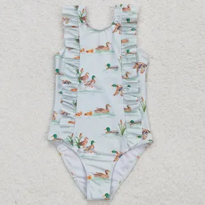Baby Girls Swimsuits Duck Print Cute Ruffle One Piece Swimsuits S0265