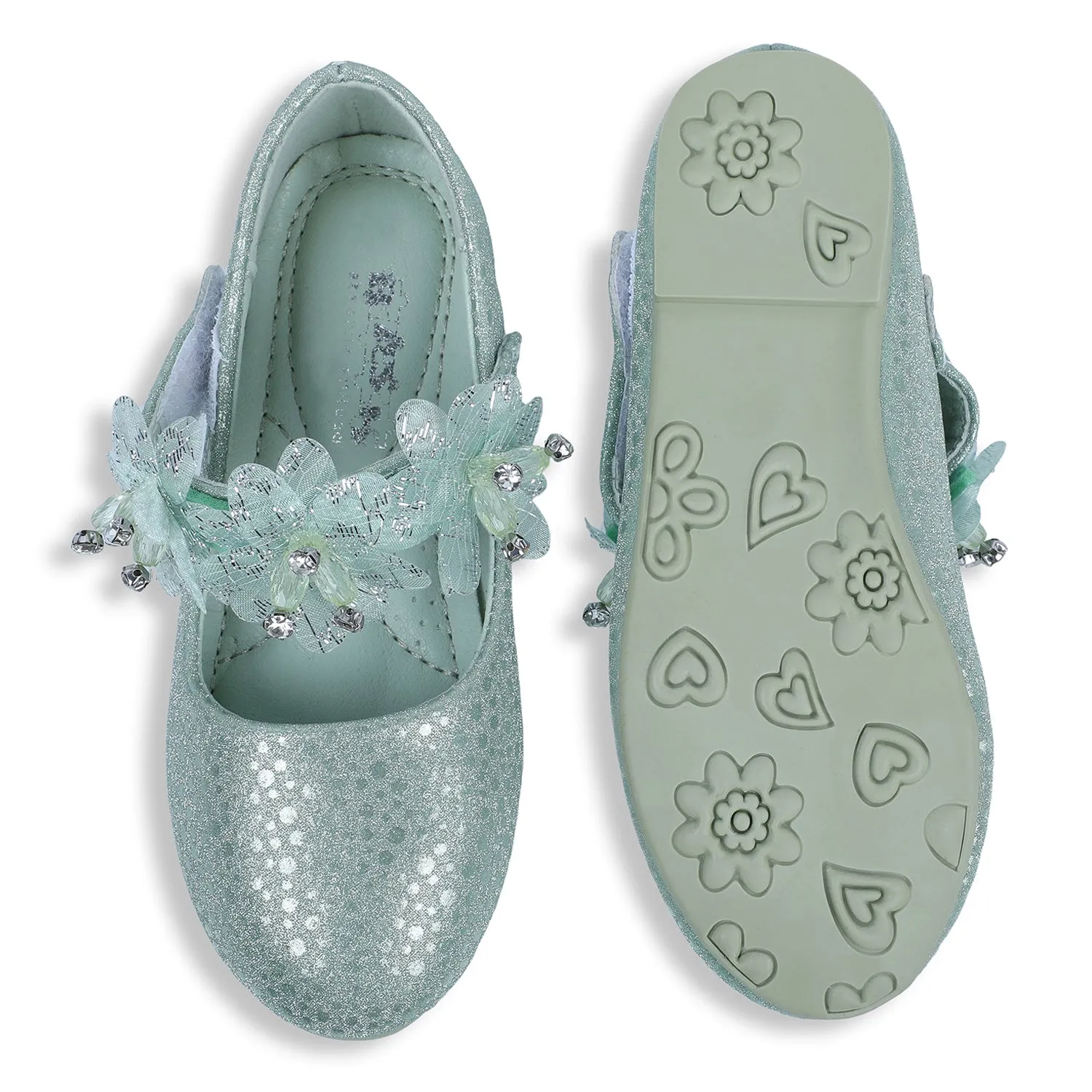 Baby Moo x Bash Kids Ethnic Party Floral Applique Mary Jane Ballerinas - Green