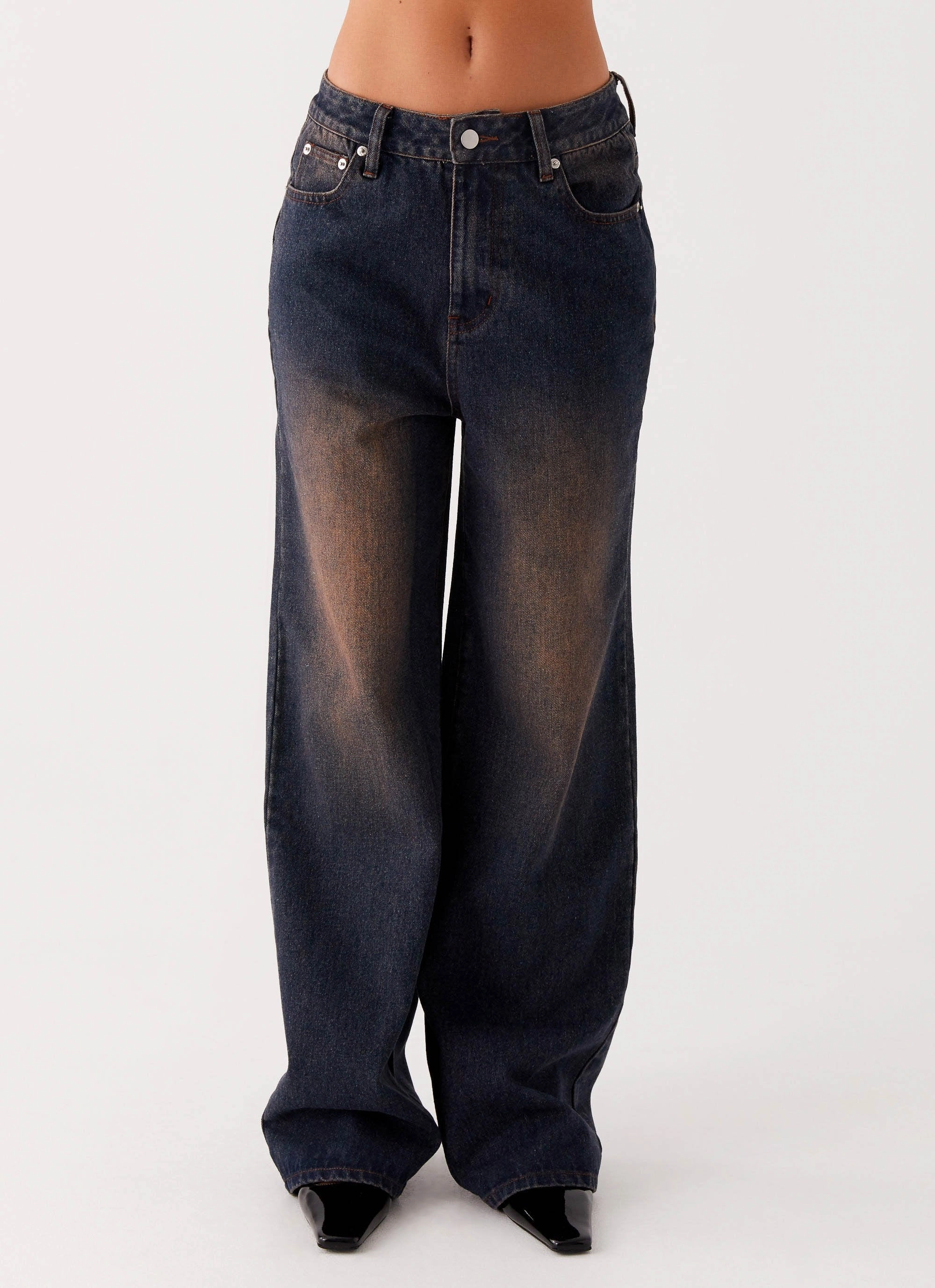 Back Again Straight Leg Denim Jeans - Brown Blue Acid Wash Smooth Fit Lining Sleek and Soft