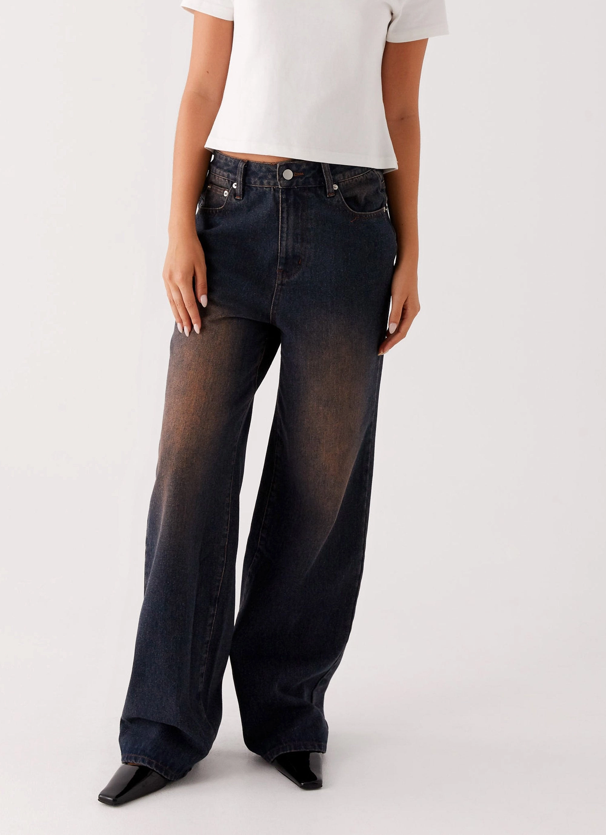 Back Again Straight Leg Denim Jeans - Brown Blue Acid Wash Loose cut Body Ready