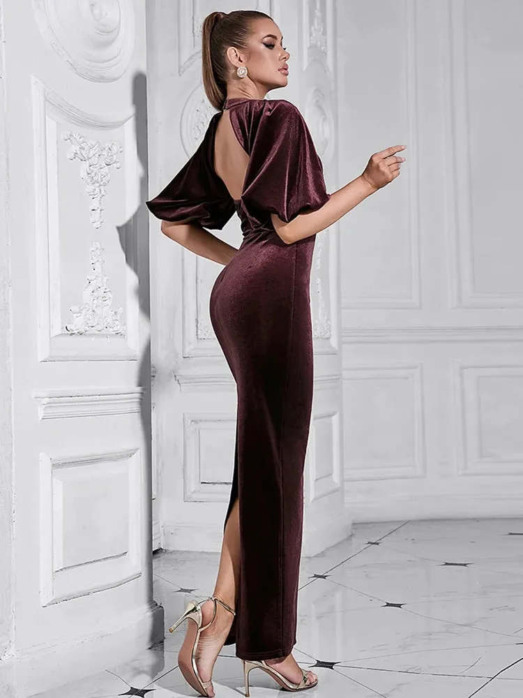 Backless Puff Lantern Sleeve Maxi Dress