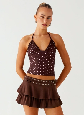 Bahama Eyelet Lace Up Top - Chocolate Strawberry Dot Garment Dyed Process Eco Friendly Dye Process Bahama Eyelet Lace Up Top - Chocolate Strawberry Dot