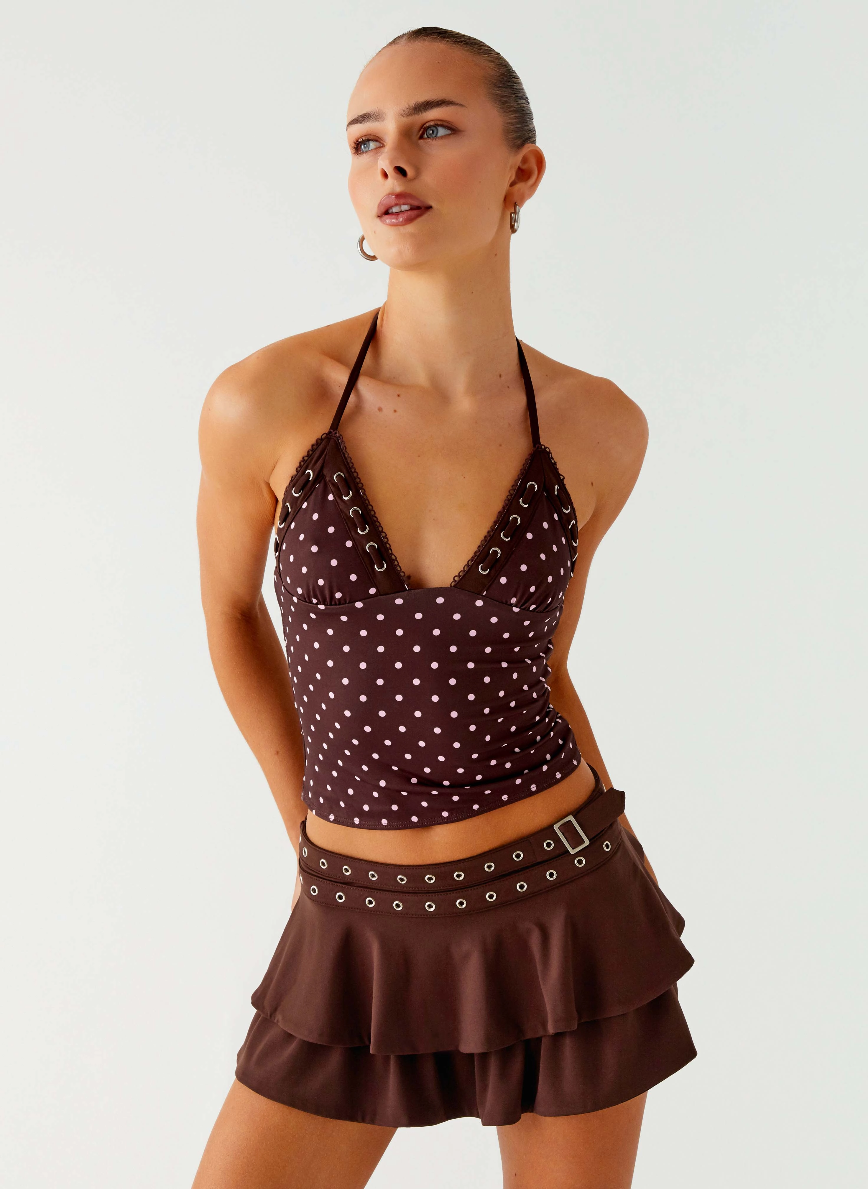 Fitted Blouse Bahama Eyelet Lace Up Top - Chocolate Strawberry Dot