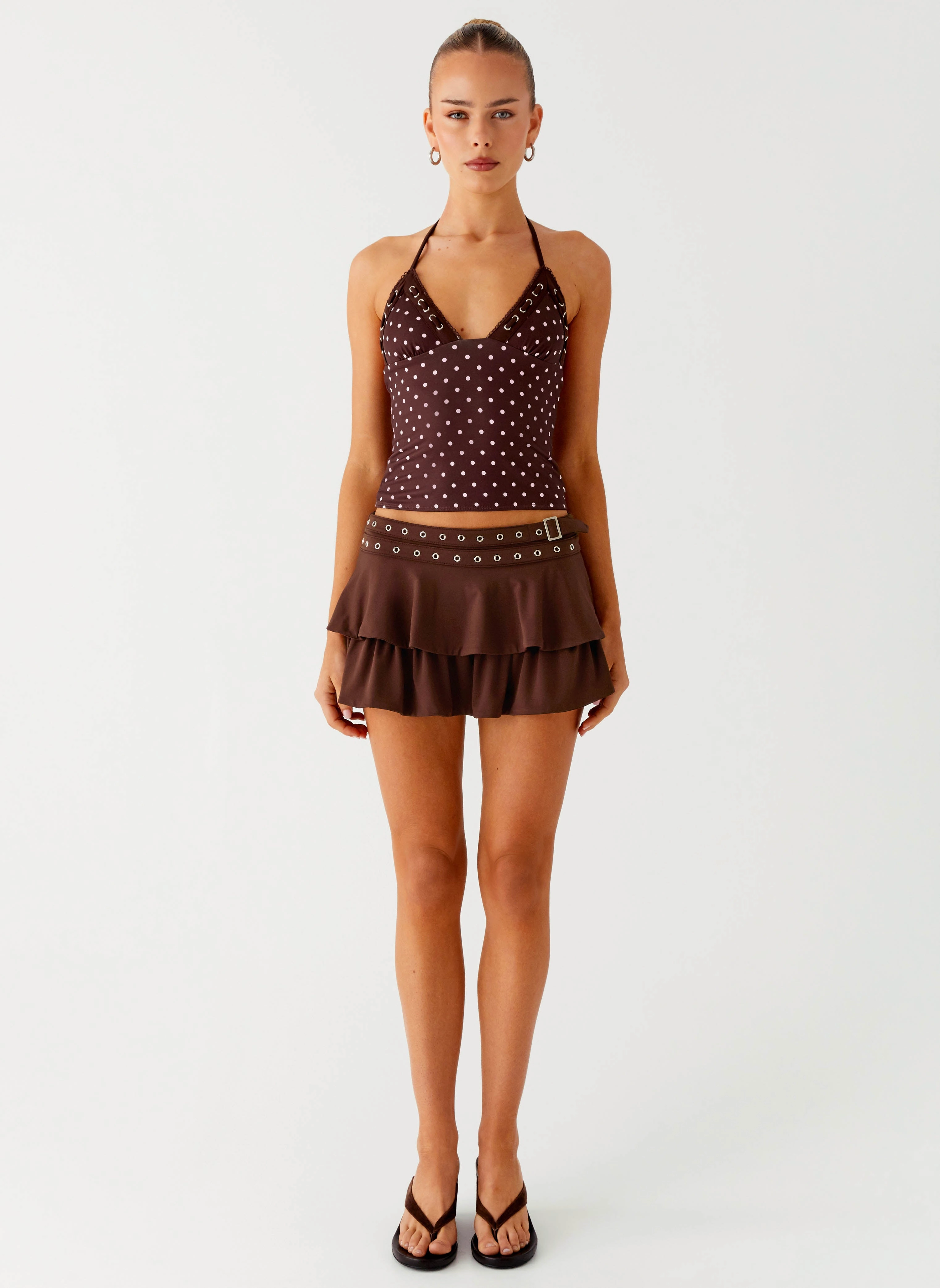Bahama Eyelet Lace Up Top - Chocolate Strawberry Dot Multipanel Construction UltraSoftLining